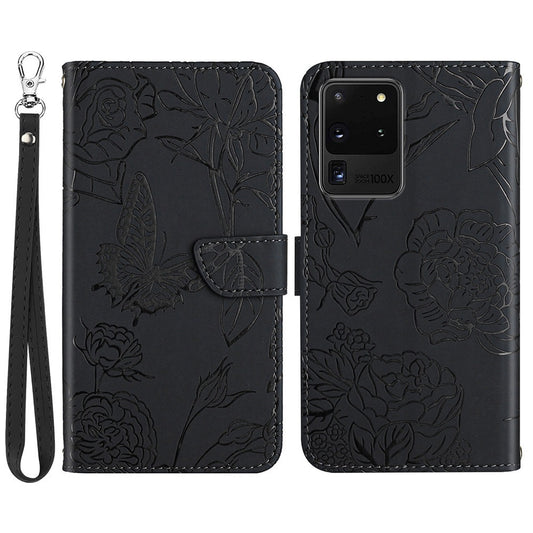For Samsung Galaxy S20 Ultra PU Leather Butterfly Flower Pattern Imprinted Wallet Case Stand Inner TPU Skin-touch Feeling Cover with Strap - Black