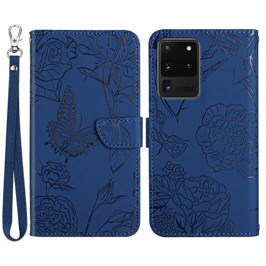 For Samsung Galaxy S20 Ultra PU Leather Butterfly Flower Pattern Imprinted Wallet Case Stand Inner TPU Skin-touch Feeling Cover with Strap - Blue