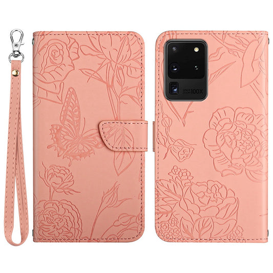 For Samsung Galaxy S20 Ultra PU Leather Butterfly Flower Pattern Imprinted Wallet Case Stand Inner TPU Skin-touch Feeling Cover with Strap - Pink