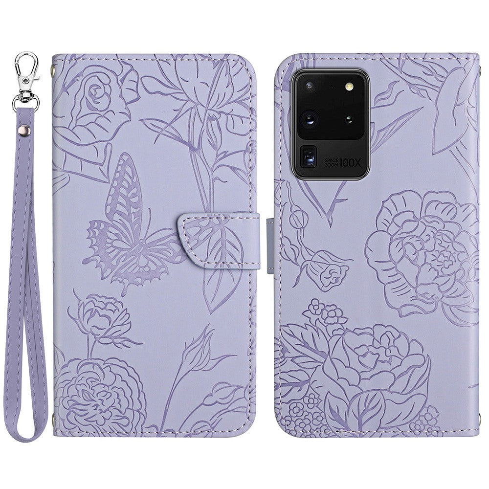 For Samsung Galaxy S20 Ultra PU Leather Butterfly Flower Pattern Imprinted Wallet Case Stand Inner TPU Skin-touch Feeling Cover with Strap - Light Purple