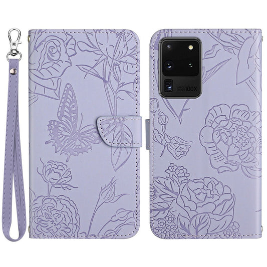 For Samsung Galaxy S20 Ultra PU Leather Butterfly Flower Pattern Imprinted Wallet Case Stand Inner TPU Skin-touch Feeling Cover with Strap - Light Purple