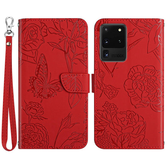 For Samsung Galaxy S20 Ultra PU Leather Butterfly Flower Pattern Imprinted Wallet Case Stand Inner TPU Skin-touch Feeling Cover with Strap - Red