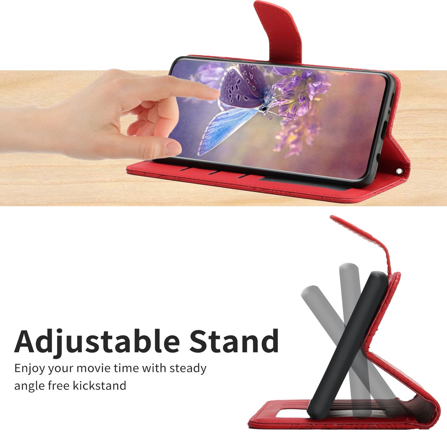 For Samsung Galaxy S20 Ultra PU Leather Butterfly Flower Pattern Imprinted Wallet Case Stand Inner TPU Skin-touch Feeling Cover with Strap - Red