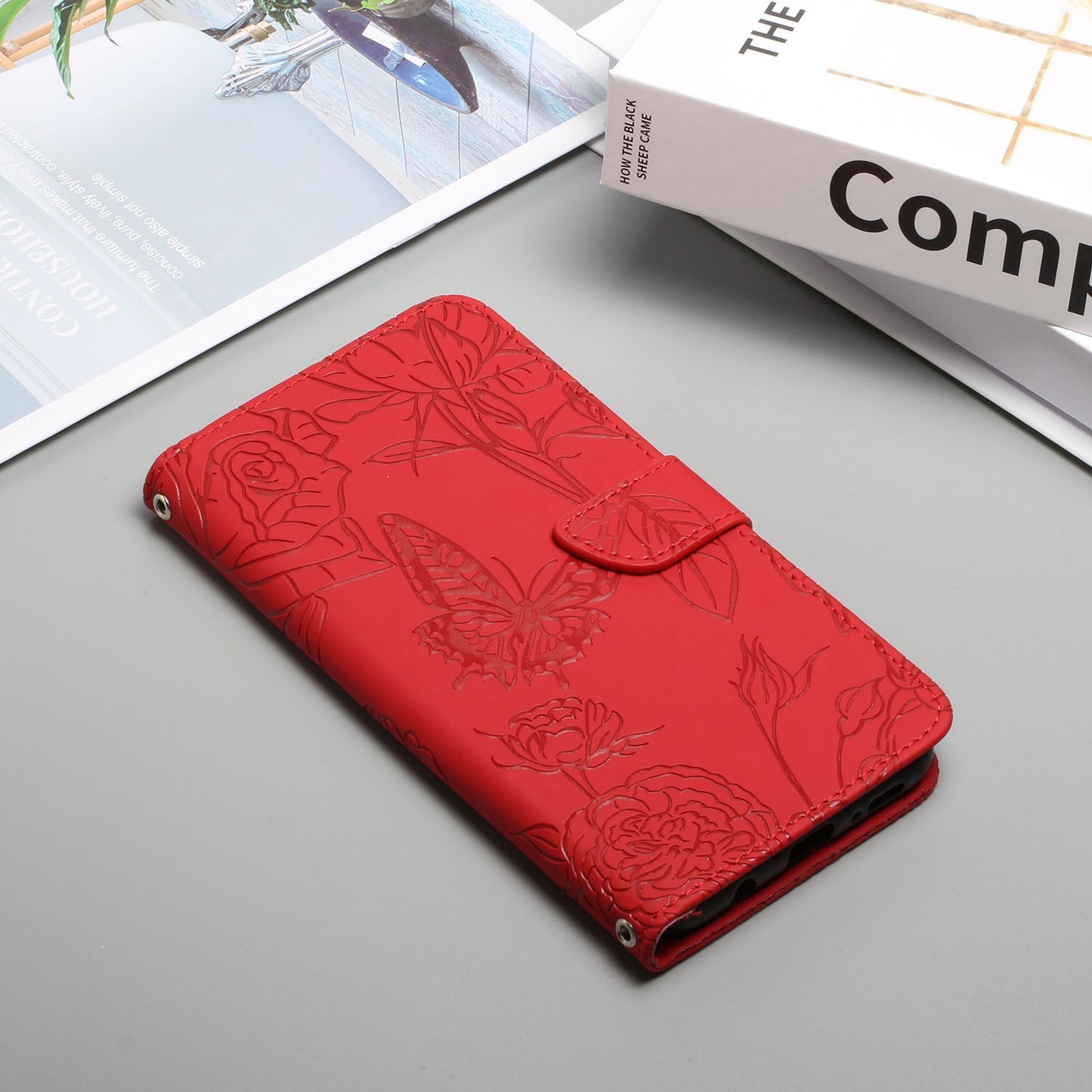 For Samsung Galaxy S20 Ultra PU Leather Butterfly Flower Pattern Imprinted Wallet Case Stand Inner TPU Skin-touch Feeling Cover with Strap - Red