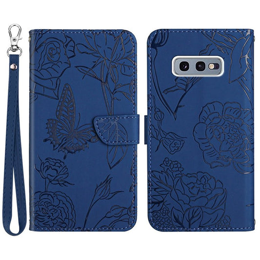 For Samsung Galaxy S10e PU Leather Butterfly Flower Imprinted Stand Flip Cover Skin-touch Feeling Magnetic Folio Cover with Hand Strap - Blue