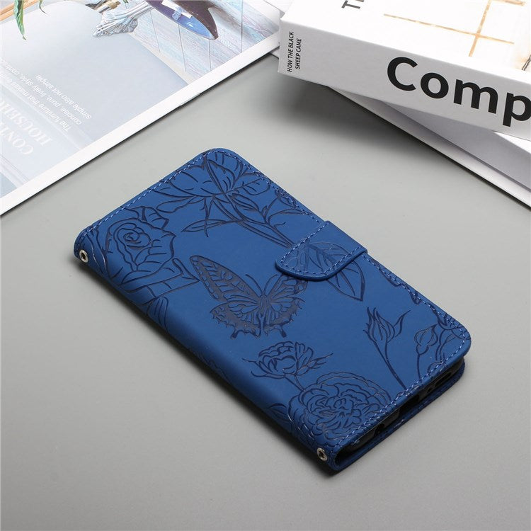 For Samsung Galaxy S10e PU Leather Butterfly Flower Imprinted Stand Flip Cover Skin-touch Feeling Magnetic Folio Cover with Hand Strap - Blue