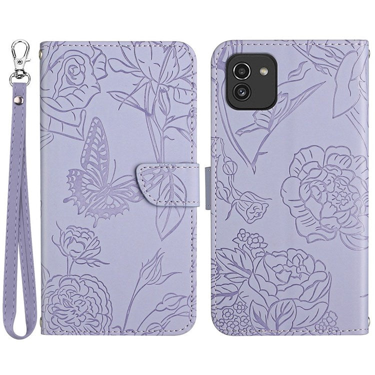 For Samsung Galaxy A03 (164.2 x 75.9 x 9.1mm) Skin-touch Leather Case Butterfly Flower Imprinted Wallet Stand Protective Cover with Wrist Strap - Light Purple