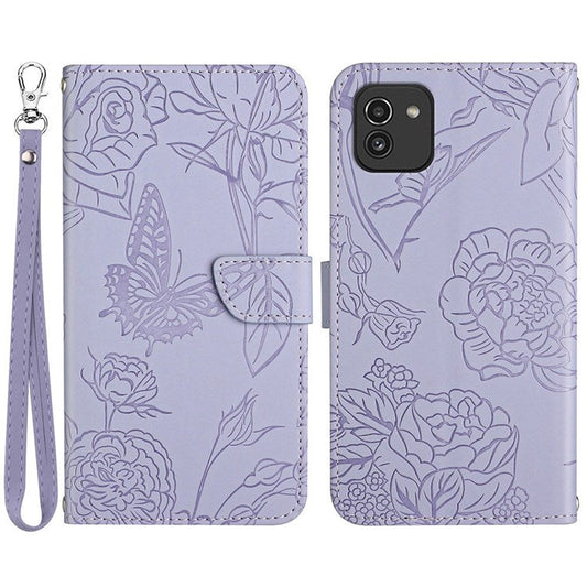 For Samsung Galaxy A03 (164.2 x 75.9 x 9.1mm) Skin-touch Leather Case Butterfly Flower Imprinted Wallet Stand Protective Cover with Wrist Strap - Light Purple