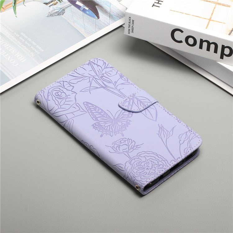 For Samsung Galaxy A03 (164.2 x 75.9 x 9.1mm) Skin-touch Leather Case Butterfly Flower Imprinted Wallet Stand Protective Cover with Wrist Strap - Light Purple