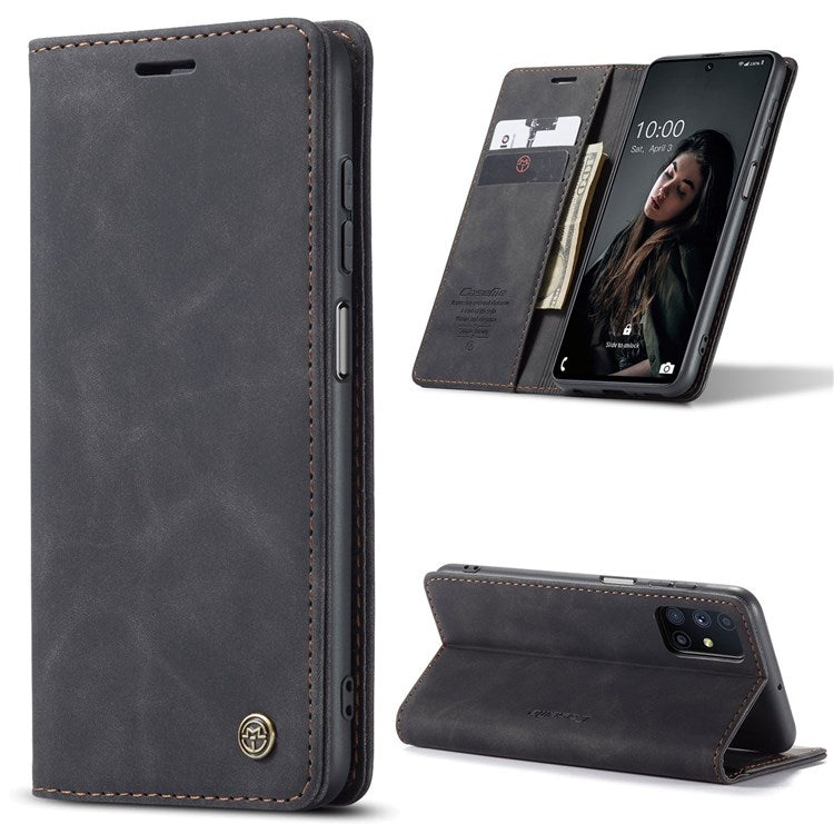 CASEME 013 Series Magnetic Smartphone Cover for Samsung Galaxy M51, PU Leather Wallet Foldable Stand Phone Case - Black