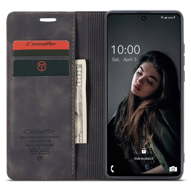 CASEME 013 Series Magnetic Smartphone Cover for Samsung Galaxy M51, PU Leather Wallet Foldable Stand Phone Case - Black