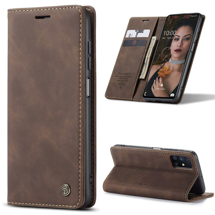 CASEME 013 Series Magnetic Smartphone Cover for Samsung Galaxy M51, PU Leather Wallet Foldable Stand Phone Case - Coffee