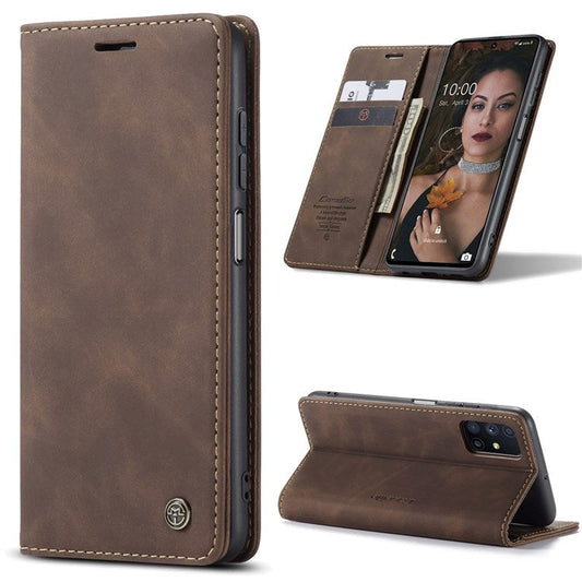 CASEME 013 Series Magnetic Smartphone Cover for Samsung Galaxy M51, PU Leather Wallet Foldable Stand Phone Case - Coffee