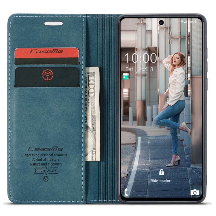 CASEME 013 Series Magnetic Smartphone Cover for Samsung Galaxy M51, PU Leather Wallet Foldable Stand Phone Case - Blue