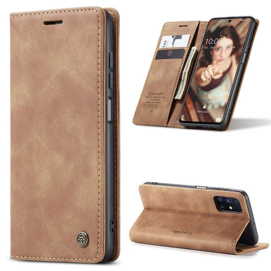CASEME 013 Series Magnetic Smartphone Cover for Samsung Galaxy M51, PU Leather Wallet Foldable Stand Phone Case - Brown