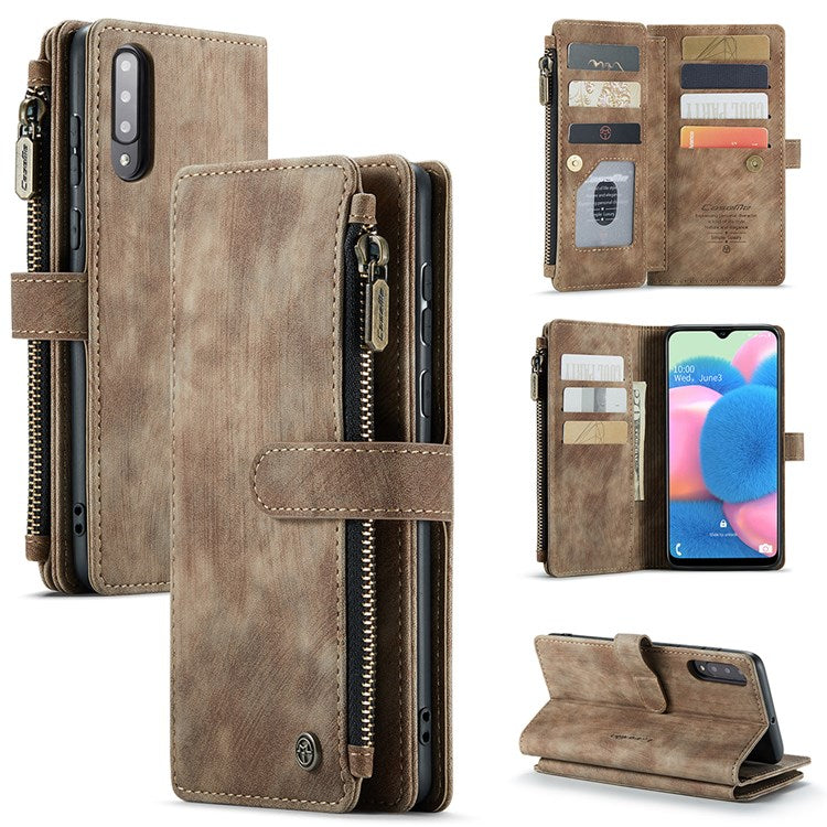 CASEME C30 Series for Samsung Galaxy A30s/A50/A50s Viewing Stand Design PU Leather Phone Case Zipper Pocket Wallet Phone Cover - Brown