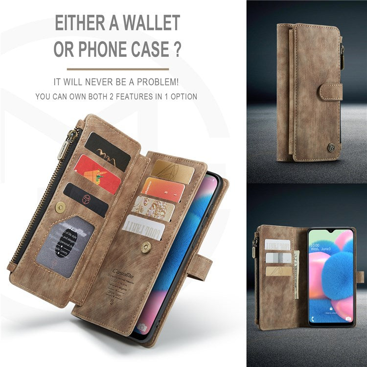 CASEME C30 Series for Samsung Galaxy A30s/A50/A50s Viewing Stand Design PU Leather Phone Case Zipper Pocket Wallet Phone Cover - Brown