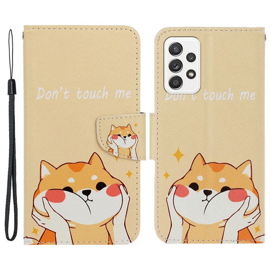 Pattern-Printing Cross Texture PU Leather Case for Samsung Galaxy A23 5G (Global Version) / 4G, Drop-Resistant Complete Covering Leather Wallet Stand Phone Shell + Strap - Akita Dog