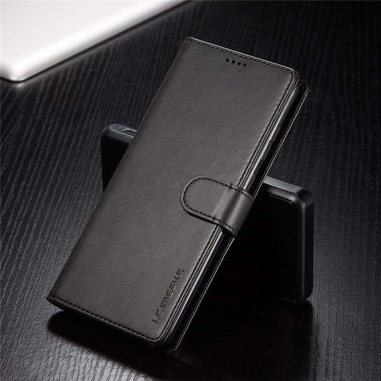 LC.IMEEKE For Samsung Galaxy M52 5G Textured PU Leather Cover Drop-proof Stand Wallet Protective Phone Case - Black