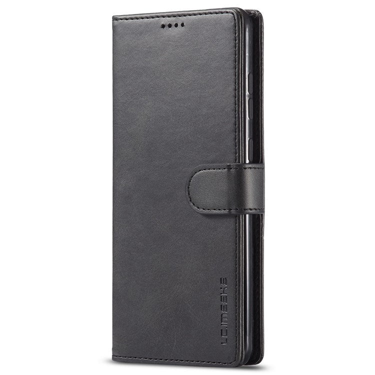 LC.IMEEKE For Samsung Galaxy M52 5G Textured PU Leather Cover Drop-proof Stand Wallet Protective Phone Case - Black