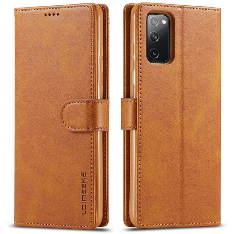 LC.IMEEKE For Samsung Galaxy M52 5G Textured PU Leather Cover Drop-proof Stand Wallet Protective Phone Case - Light Brown