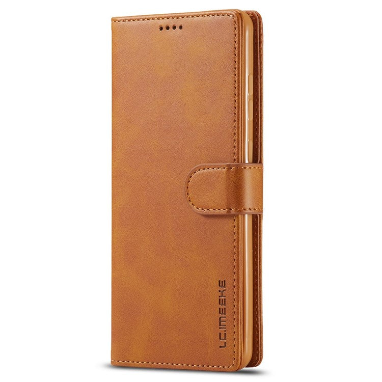 LC.IMEEKE For Samsung Galaxy M52 5G Textured PU Leather Cover Drop-proof Stand Wallet Protective Phone Case - Light Brown
