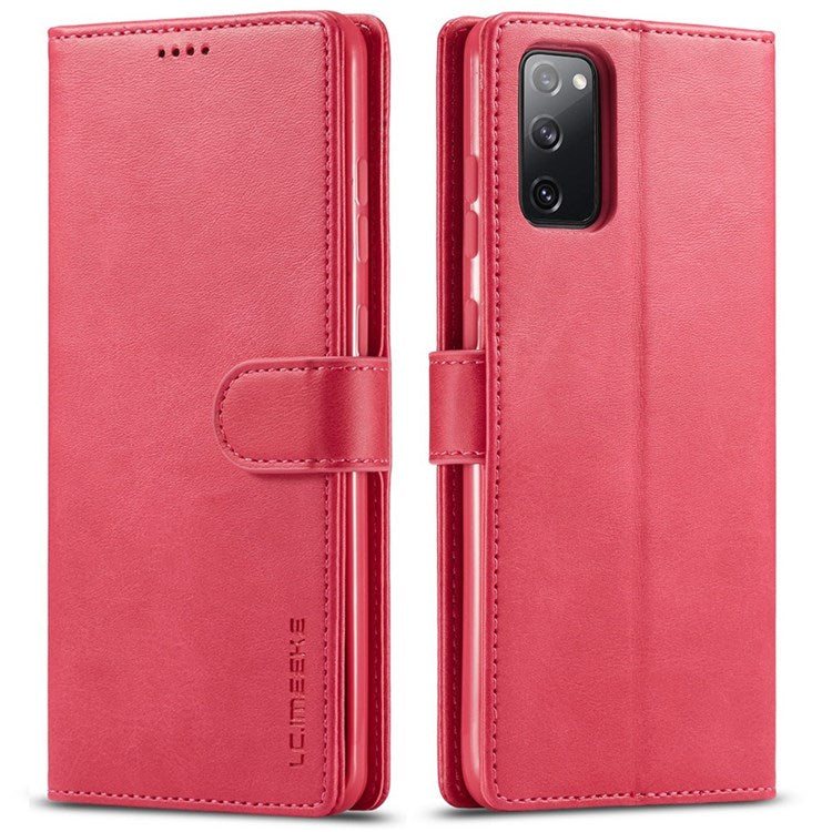 LC.IMEEKE For Samsung Galaxy M52 5G Textured PU Leather Cover Drop-proof Stand Wallet Protective Phone Case - Red