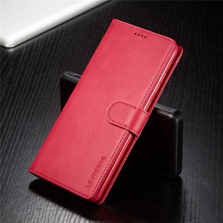 LC.IMEEKE For Samsung Galaxy M52 5G Textured PU Leather Cover Drop-proof Stand Wallet Protective Phone Case - Red