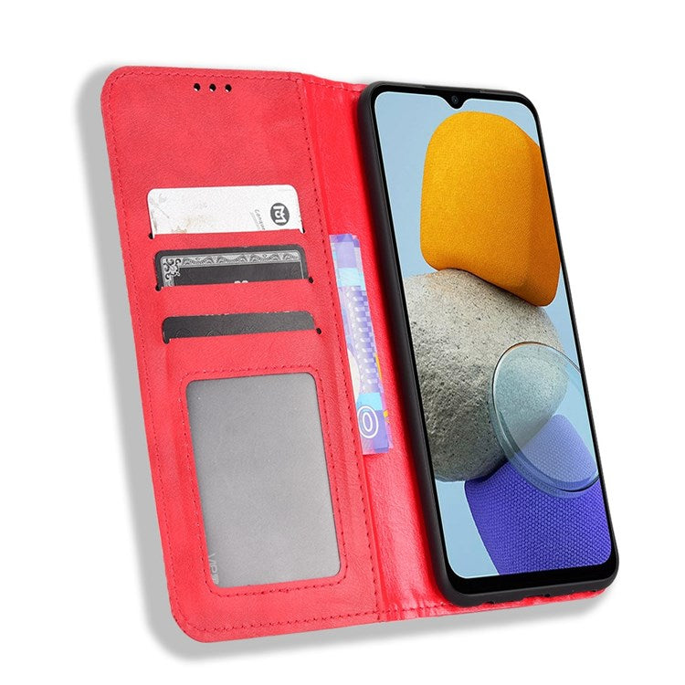 For Samsung Galaxy M23 5G/F23 5G Vintage PU Leather Wallet Case Mosaic Imprinted Auto Closing Magnetic Flip Stand Phone Cover - Red