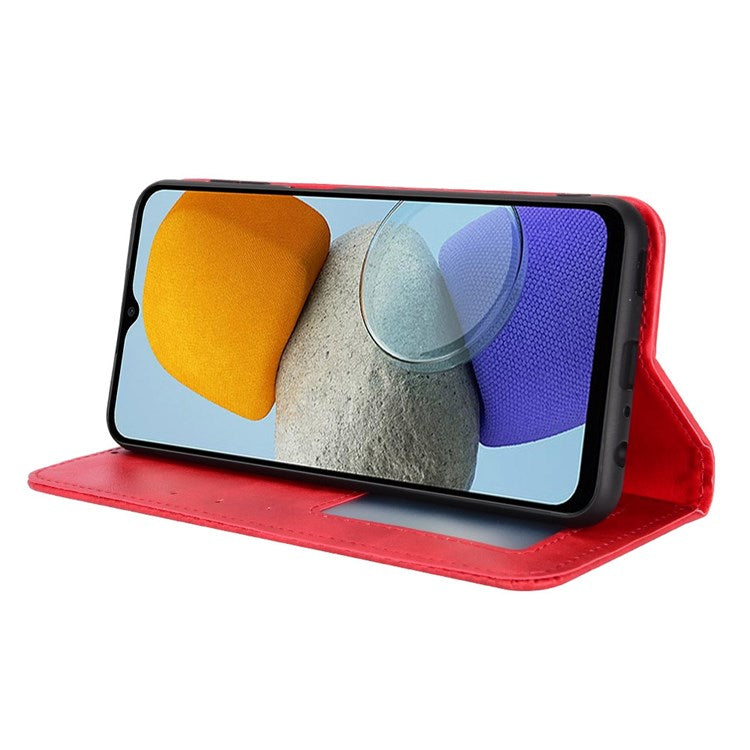 For Samsung Galaxy M23 5G/F23 5G Vintage PU Leather Wallet Case Mosaic Imprinted Auto Closing Magnetic Flip Stand Phone Cover - Red