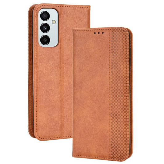 For Samsung Galaxy M23 5G/F23 5G Vintage PU Leather Wallet Case Mosaic Imprinted Auto Closing Magnetic Flip Stand Phone Cover - Brown