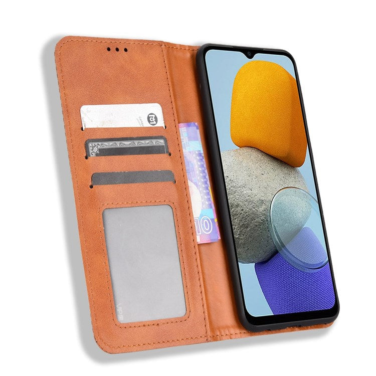 For Samsung Galaxy M23 5G/F23 5G Vintage PU Leather Wallet Case Mosaic Imprinted Auto Closing Magnetic Flip Stand Phone Cover - Brown