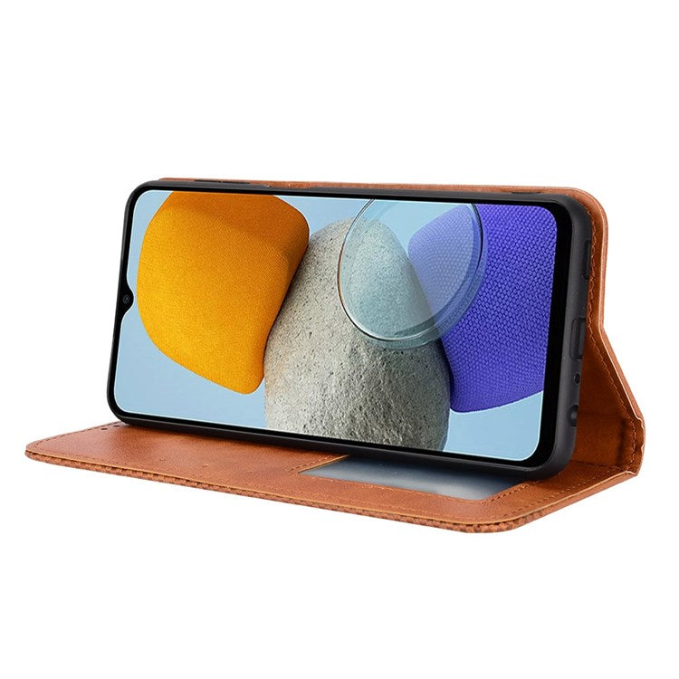 For Samsung Galaxy M23 5G/F23 5G Vintage PU Leather Wallet Case Mosaic Imprinted Auto Closing Magnetic Flip Stand Phone Cover - Brown