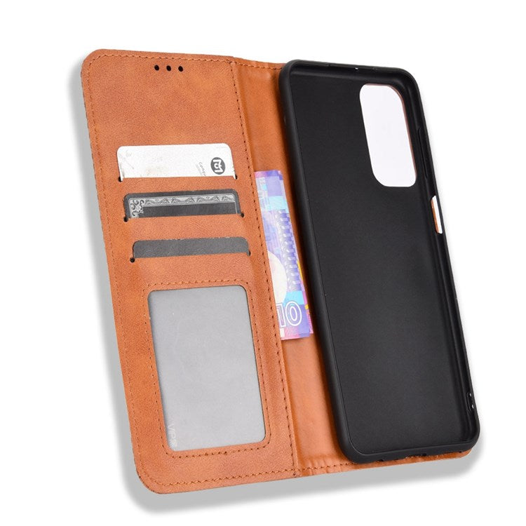 For Samsung Galaxy M23 5G/F23 5G Vintage PU Leather Wallet Case Mosaic Imprinted Auto Closing Magnetic Flip Stand Phone Cover - Brown