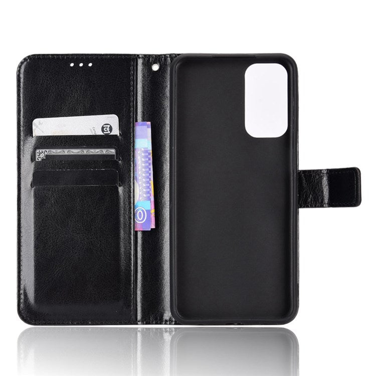 For Samsung Galaxy M23 5G/F23 5G Crazy Horse Texture Flip Wallet Case PU Leather Stand Hand Strap Shockproof Protective Cover - Black