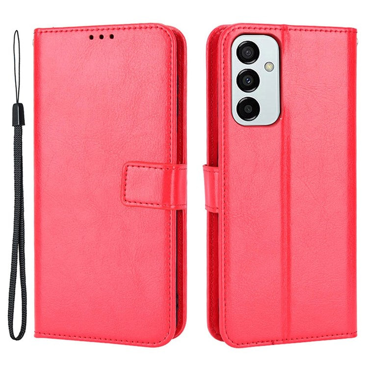 For Samsung Galaxy M23 5G/F23 5G Crazy Horse Texture Flip Wallet Case PU Leather Stand Hand Strap Shockproof Protective Cover - Red