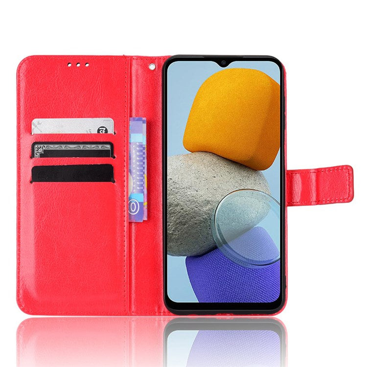 For Samsung Galaxy M23 5G/F23 5G Crazy Horse Texture Flip Wallet Case PU Leather Stand Hand Strap Shockproof Protective Cover - Red