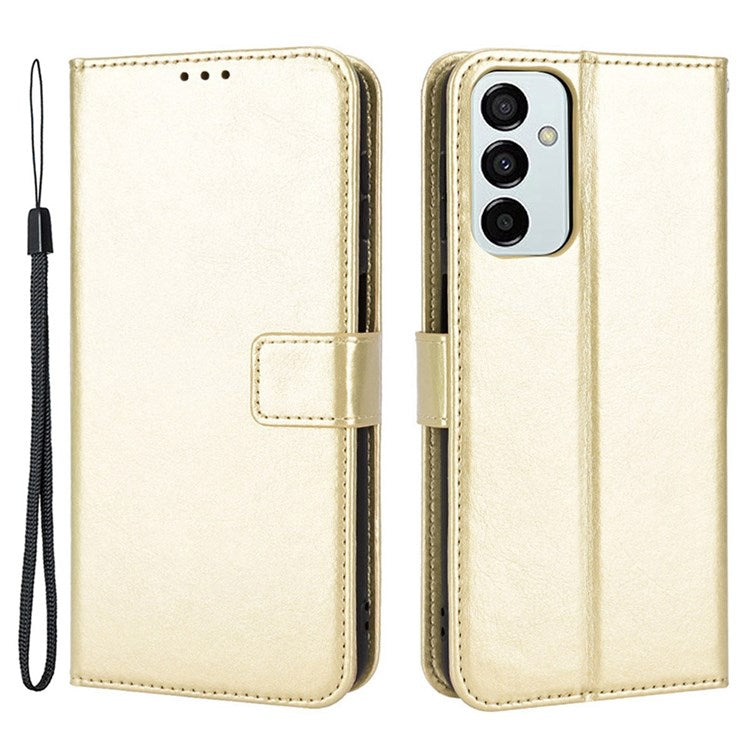 For Samsung Galaxy M23 5G/F23 5G Crazy Horse Texture Flip Wallet Case PU Leather Stand Hand Strap Shockproof Protective Cover - Gold