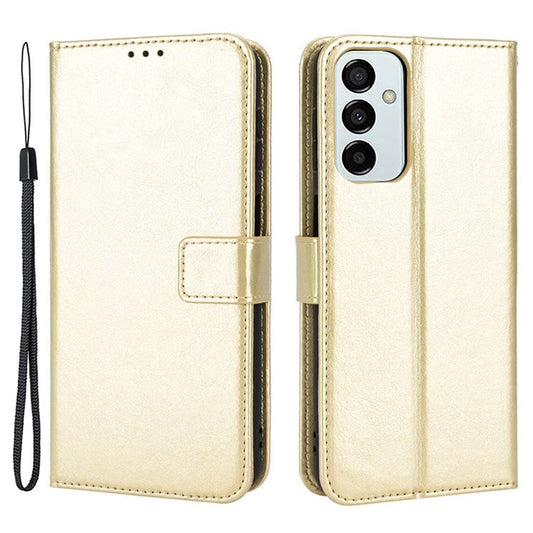For Samsung Galaxy M23 5G/F23 5G Crazy Horse Texture Flip Wallet Case PU Leather Stand Hand Strap Shockproof Protective Cover - Gold