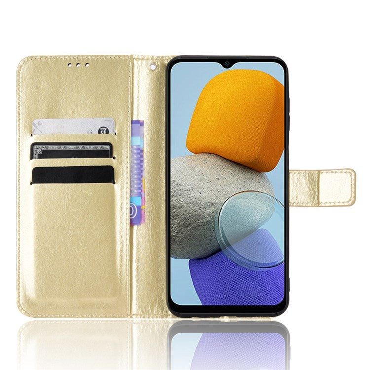 For Samsung Galaxy M23 5G/F23 5G Crazy Horse Texture Flip Wallet Case PU Leather Stand Hand Strap Shockproof Protective Cover - Gold