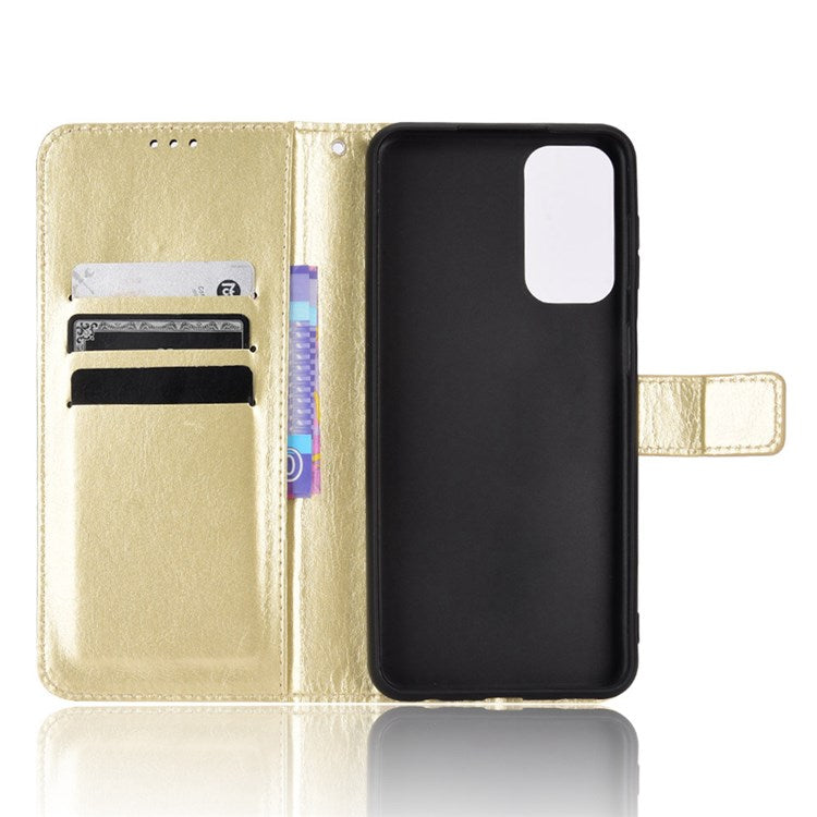 For Samsung Galaxy M23 5G/F23 5G Crazy Horse Texture Flip Wallet Case PU Leather Stand Hand Strap Shockproof Protective Cover - Gold