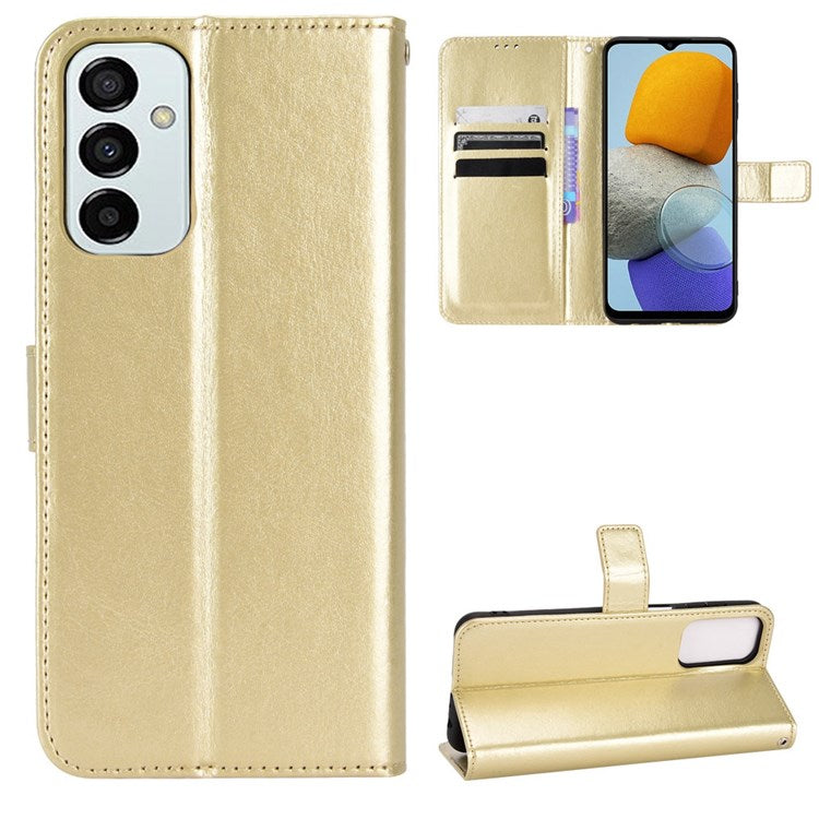 For Samsung Galaxy M23 5G/F23 5G Crazy Horse Texture Flip Wallet Case PU Leather Stand Hand Strap Shockproof Protective Cover - Gold