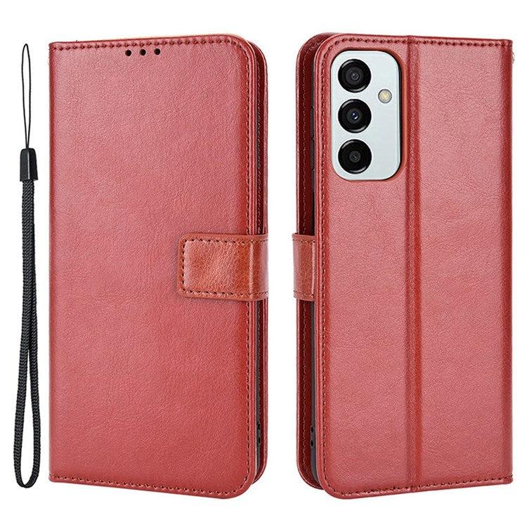 For Samsung Galaxy M23 5G/F23 5G Crazy Horse Texture Flip Wallet Case PU Leather Stand Hand Strap Shockproof Protective Cover - Brown