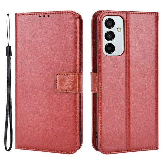 For Samsung Galaxy M23 5G/F23 5G Crazy Horse Texture Flip Wallet Case PU Leather Stand Hand Strap Shockproof Protective Cover - Brown