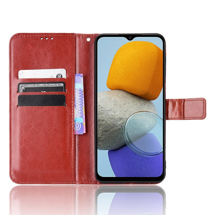 For Samsung Galaxy M23 5G/F23 5G Crazy Horse Texture Flip Wallet Case PU Leather Stand Hand Strap Shockproof Protective Cover - Brown