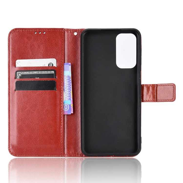 For Samsung Galaxy M23 5G/F23 5G Crazy Horse Texture Flip Wallet Case PU Leather Stand Hand Strap Shockproof Protective Cover - Brown