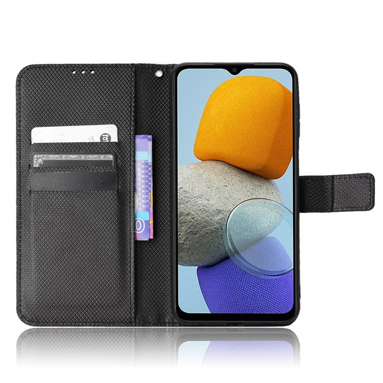 For Samsung Galaxy M23 5G/F23 5G Flip PU Leather Wallet Booklet Case Diamond Texture Stand View Cover with Strap - Black