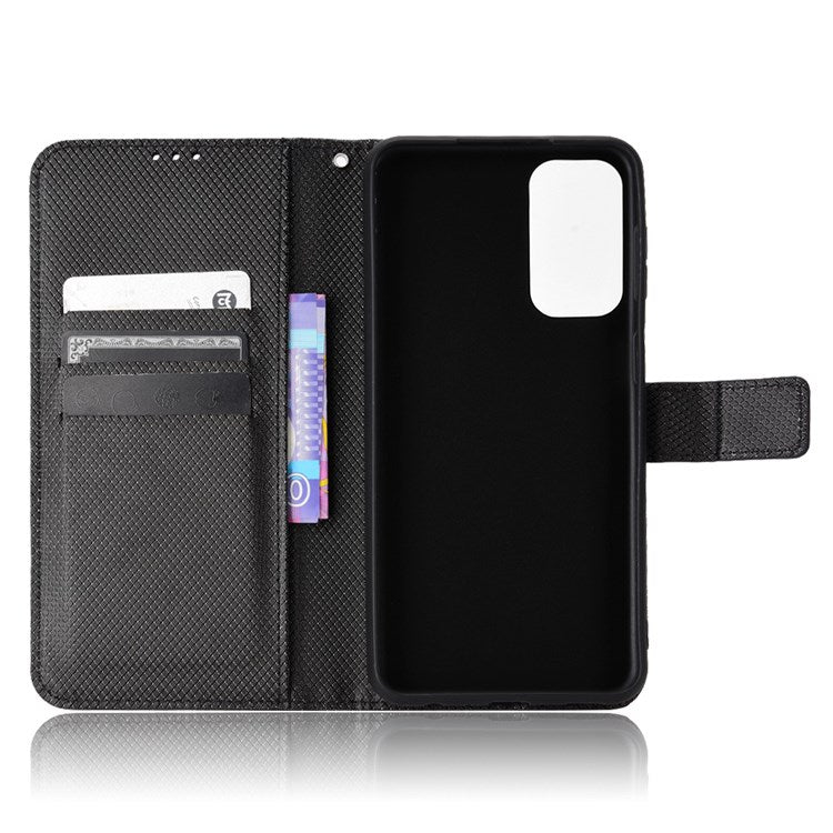 For Samsung Galaxy M23 5G/F23 5G Flip PU Leather Wallet Booklet Case Diamond Texture Stand View Cover with Strap - Black