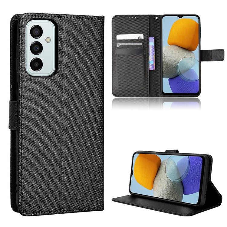 For Samsung Galaxy M23 5G/F23 5G Flip PU Leather Wallet Booklet Case Diamond Texture Stand View Cover with Strap - Black