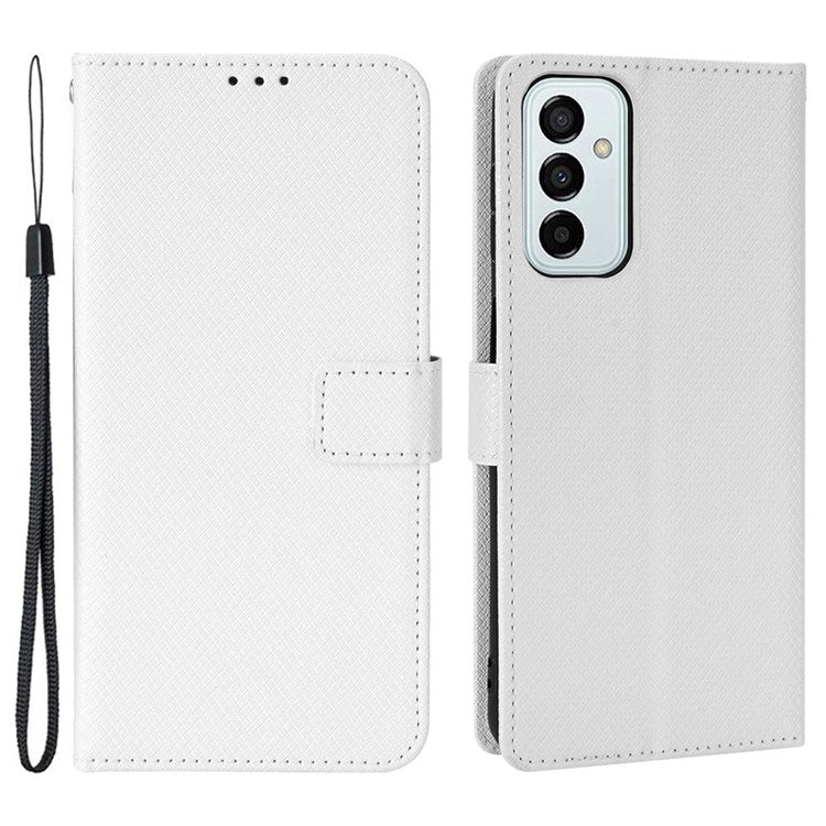 For Samsung Galaxy M23 5G/F23 5G Flip PU Leather Wallet Booklet Case Diamond Texture Stand View Cover with Strap - White